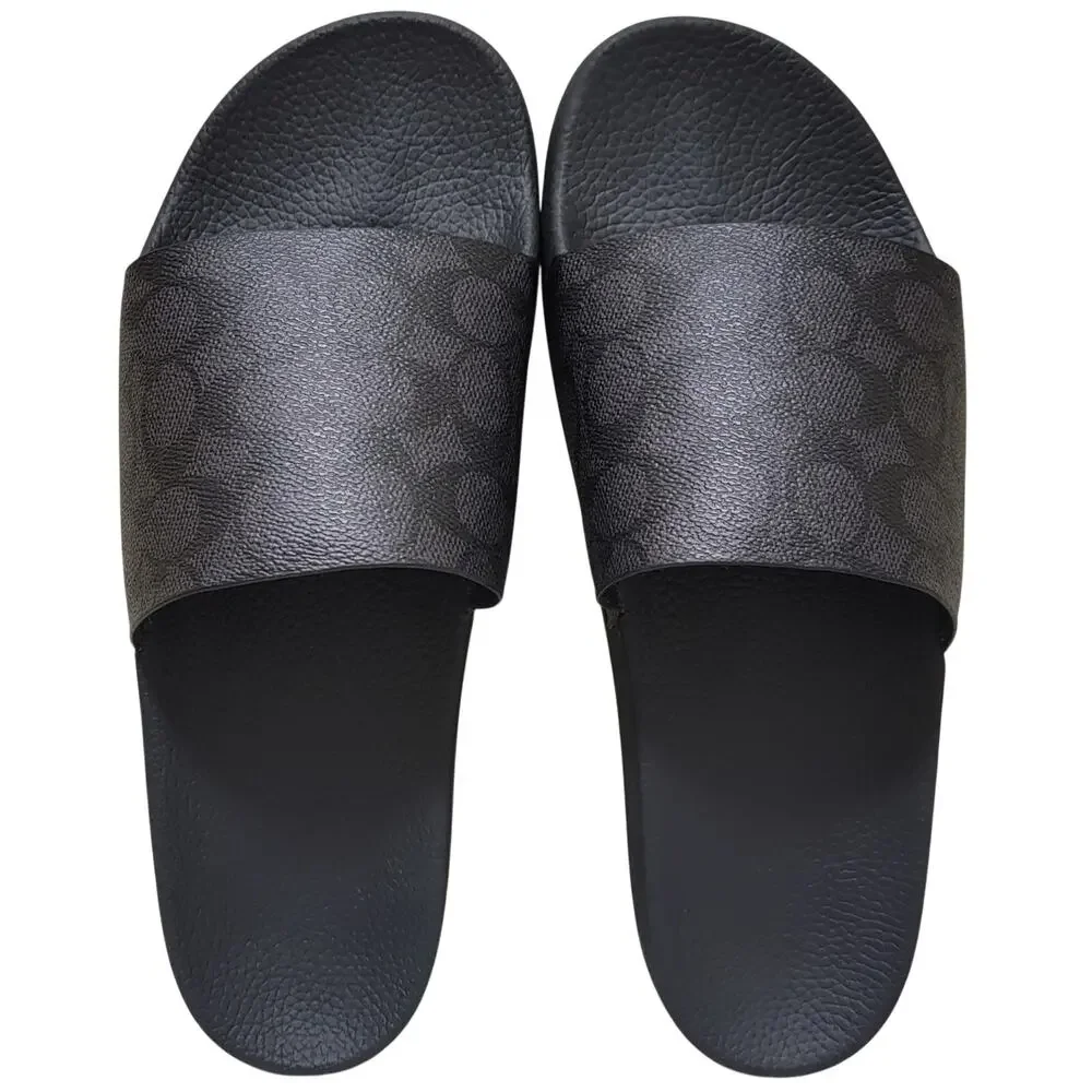 Coach Men Signature Coated Canvas Pool Slide Size US 11D Charcoal Black
